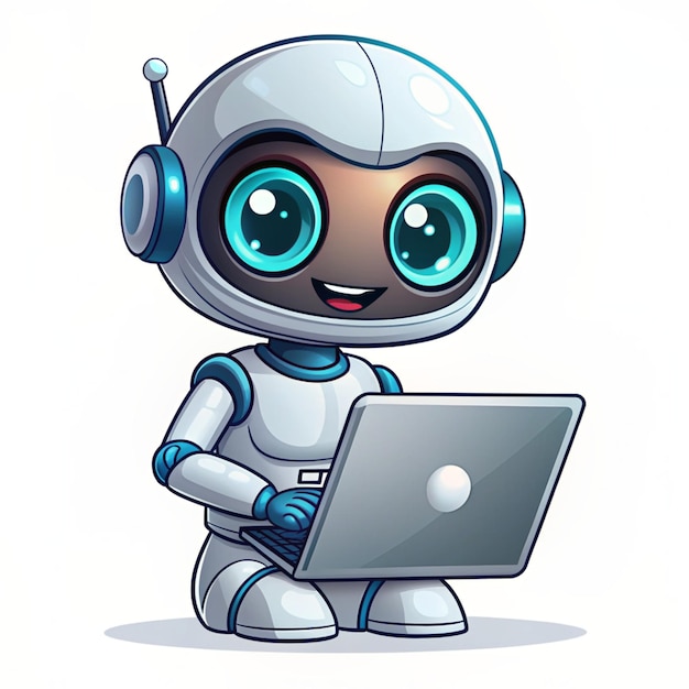 Photo cute robot operating laptop cartoon vector icon illustration science technology icon concept isolated premium vector flat cartoon style