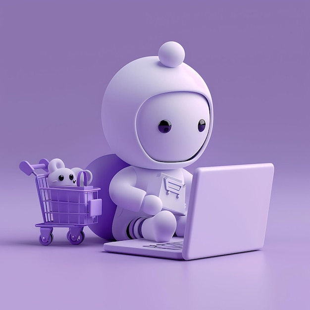 Photo cute robot shopping online with laptop and mini cart