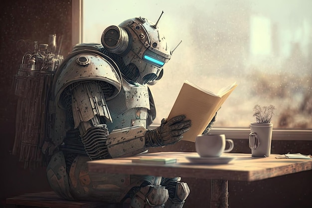 Cute robot sipping coffee and reading book in cozy cafe