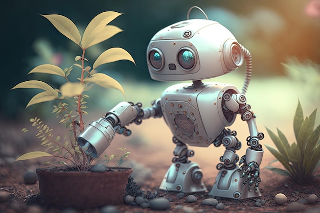 Cute robot tending to garden watering plants and pruning branches