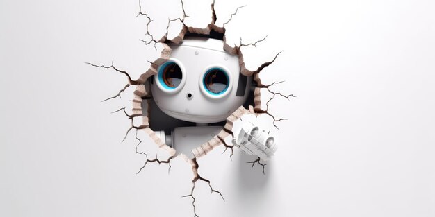 Photo cute robot toy peeking out of a hole in wall torn hole empty copy space frame mockup generative ai weber