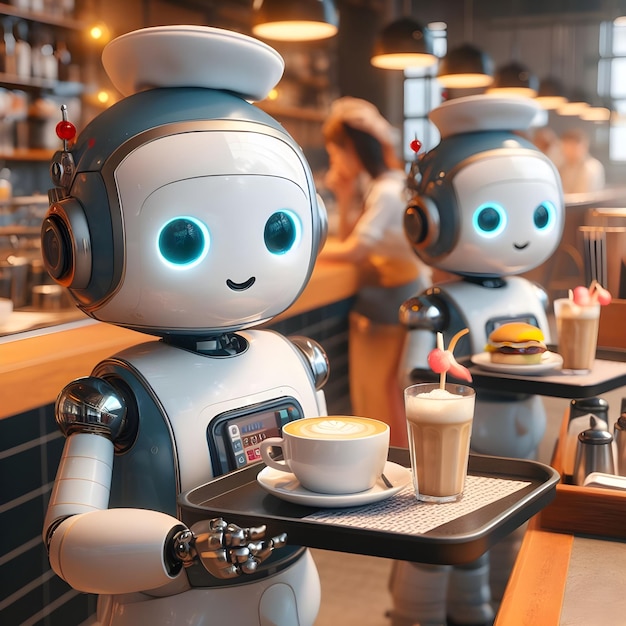 Cute robot waiter in restaurant 8k realistic