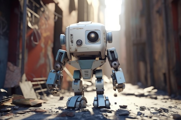 Cute robot walking ruin city Generate Ai