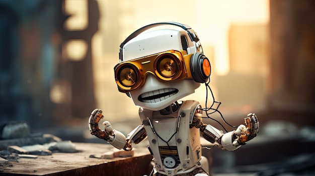 Cute robot with headset listeting music and dancing