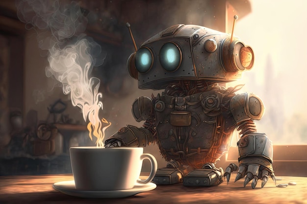 Cute robot with steaming hot cup of coffee in a cozy cafe