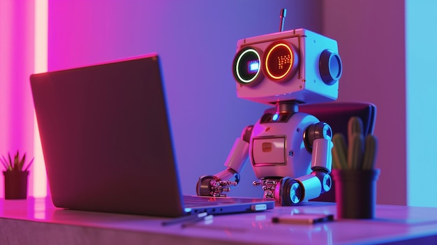 cute robot working on laptop