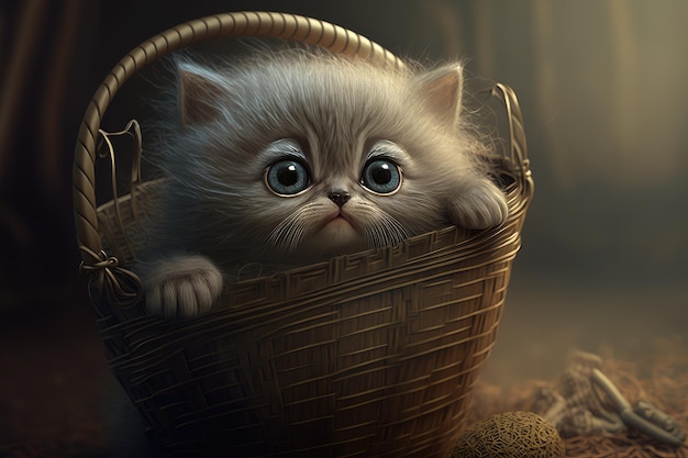 Cute robotic kitten sitting in basket with its head and eyes moving