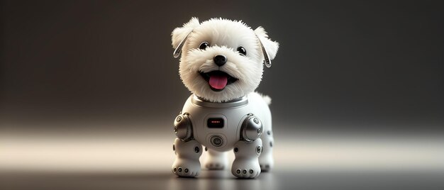 Cute robotic puppy isolated on large empty background