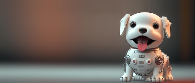 Cute robotic puppy isolated on large empty background