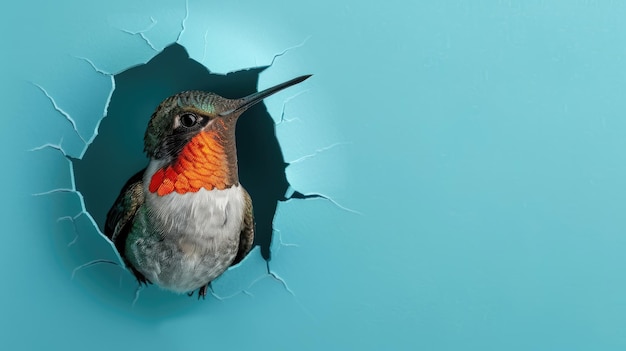 Photo cute rubythroated hummingbird peeking through a hole