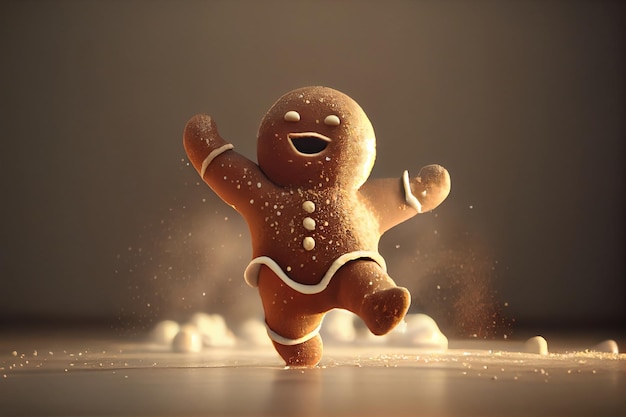 Cute running gingerbread cookie with powdered sugar and chocolate on the background