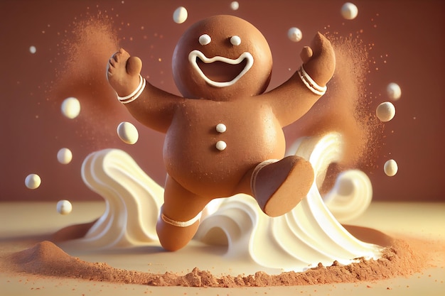 Cute running gingerbread cookie with powdered sugar and chocolate on the background