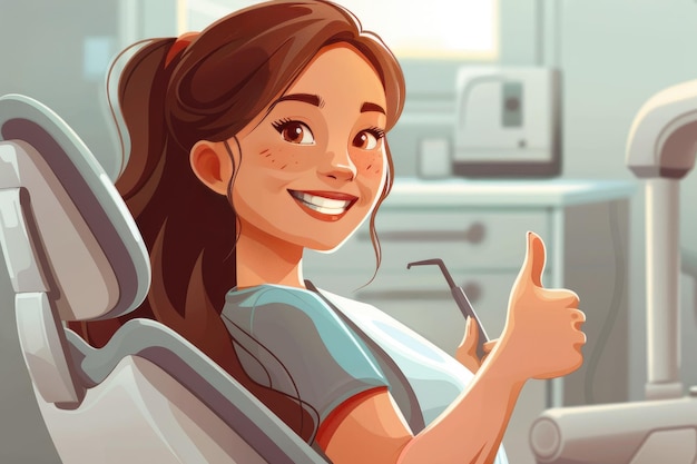 A cute russian girl sits in a dental chair flashing a thumbs up and smiling glowing color palette vector illustration sticker stile ar 32 stylize 250 Job ID 0a54c9a9b77f4f949721155695bf43fe