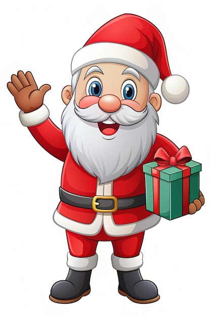 Photo cute santa claus cartoon waving and carrying christmas gift