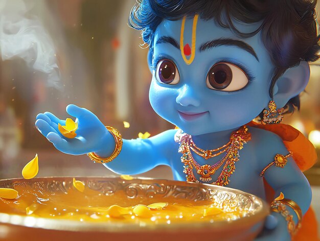 Photo a cute scene of little lord krishna savoring makhan