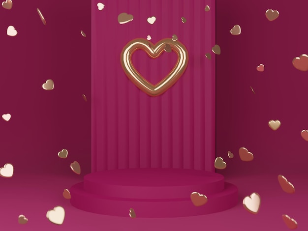 Cute scene with heart shapes for Valentine's Day celebration. Pink poster. 3d rendering