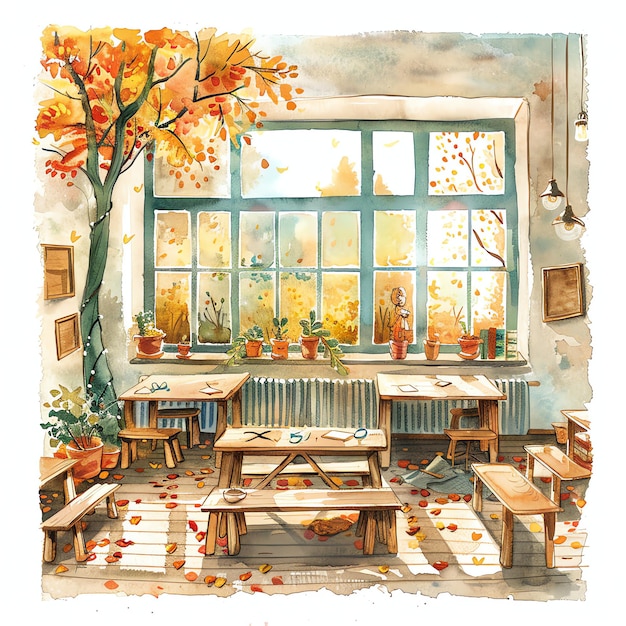 cute school classroom fall autumn illustration