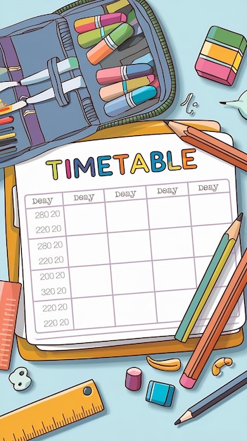 Photo cute school timetable with stationery and art supplies cartoon style lesson schedule for 5 days