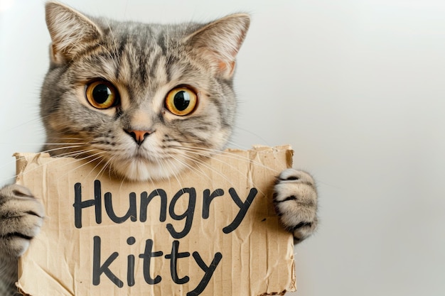 A cute Scottish Fold cat holds a cardboard sign that says Hungry kitty