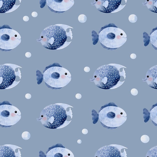 Photo cute sea fish seamless pattern on blue gray background illustration