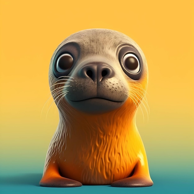 Cute sea lion on a yellow background 3D illustration