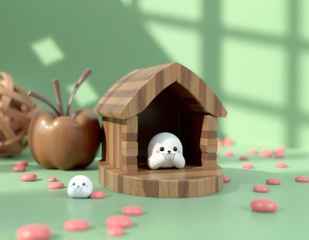 Photo cute seal cartoon character inside a wooden house on a green background