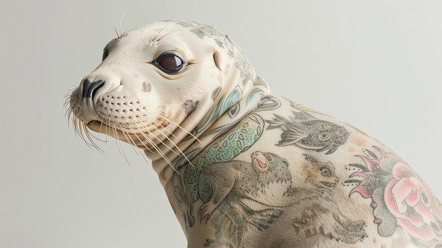 A cute seal pup with colorful tattoos