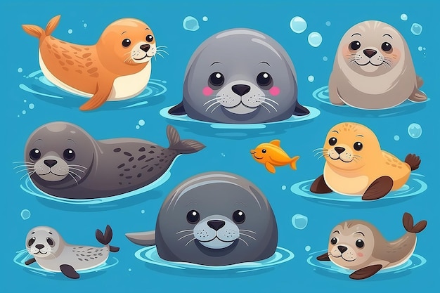 Photo cute seals swimming cartoon vector icon illustration animal nature icon concept isolated premium vector flat cartoon style