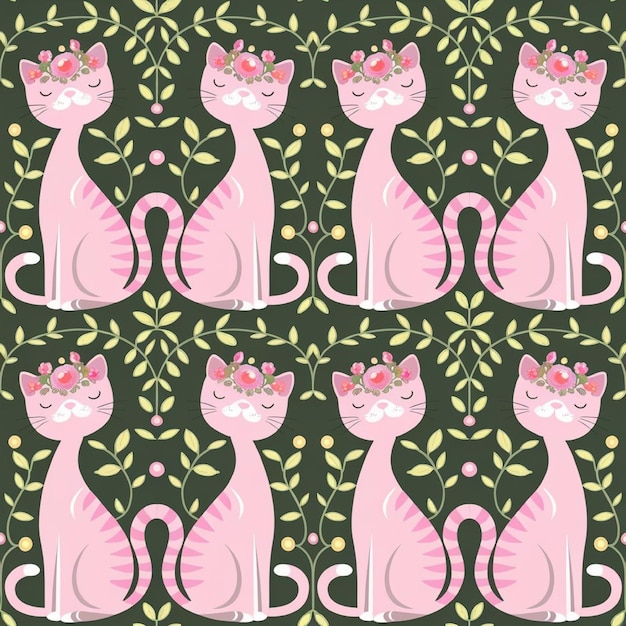 Photo cute seamless pattern of pink cats with floral crowns