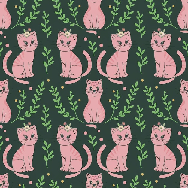 Photo cute seamless pattern of pink cats with floral crowns