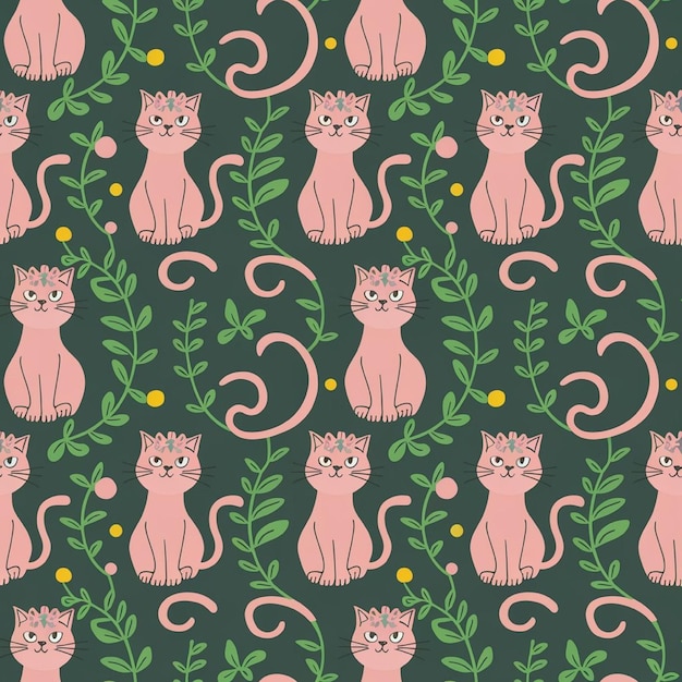 Photo cute seamless pattern of pink cats with floral crowns