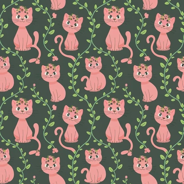 Photo cute seamless pattern of pink cats with floral crowns