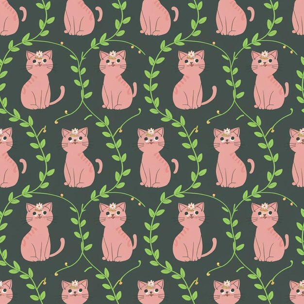 Photo cute seamless pattern of pink cats with floral crowns