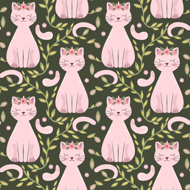 Photo cute seamless pattern of pink cats with floral crowns