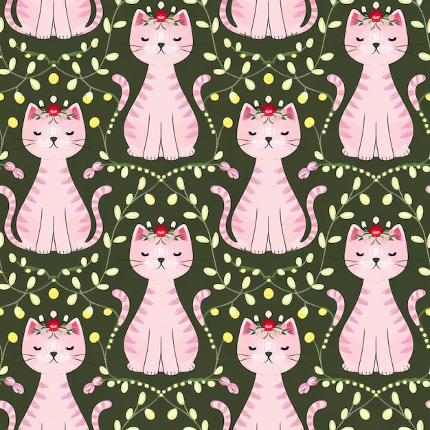 cute seamless pattern of pink cats with floral crowns