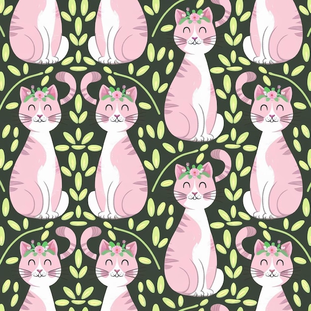 Photo cute seamless pattern of pink cats with floral crowns