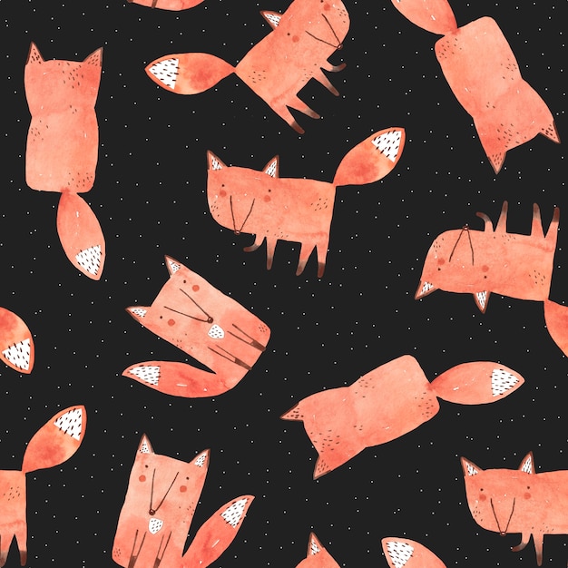 Cute seamless pattern. Watercolor illustration with foxes on black background.