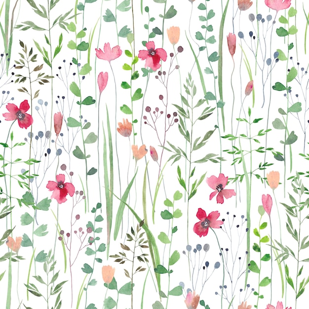 Cute seamless pattern with different wild flowers Watercolor background for fabric textile nursery wallpaper Meadow with wild flowers Summer background