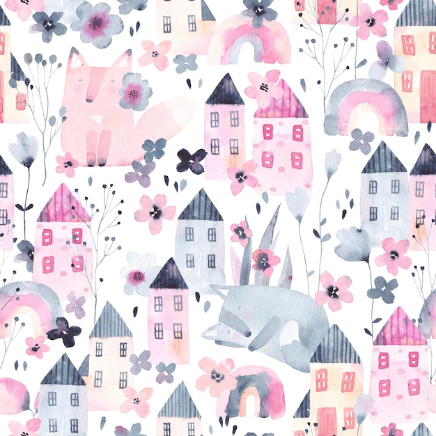 Cute seamless pattern with little village cute animals and wild flowers Watercolor background for fabric textile nursery wallpaper Meadow with wild flowers