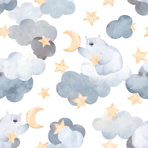 Cute seamless pattern with polar bears on clouds moon and stars Watercolor illustration Creative childish texture for fabric wrapping textile wallpaper apparel