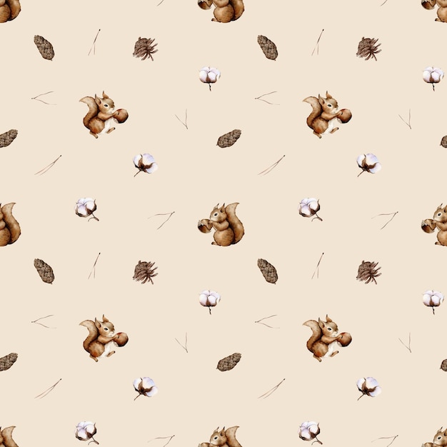 Cute seamless pattern with watercolor squirrel forest animals and hazelnut cone needles cotton