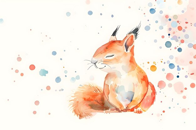 Photo cute and serene squirrel in whimsical watercolor with colorful dotted pattern on white background