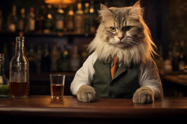 Cute serious cat bartender serving drinks at the bar Funny postcard greeting card with animals