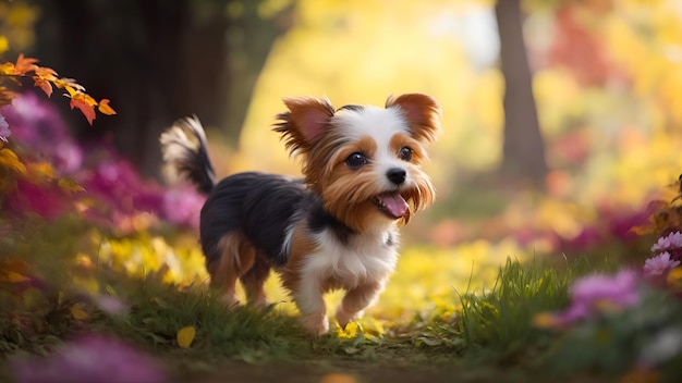 A cute shaggy dog in an autumn garden among the flowers Illustration AI generation