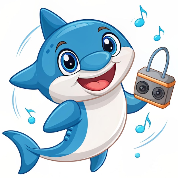 Photo cute shark listening music with radio cartoon vector icon illustration animal music icon concept isolated premium vector flat cartoon style