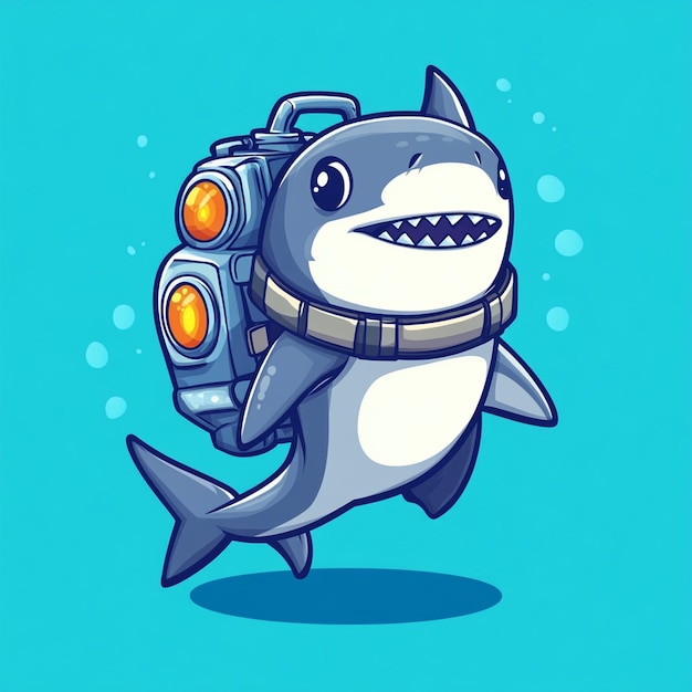 Photo cute shark wearing turbo jetpack engine cartoon vector icon illustration premium vector animal technology icon concept isolated