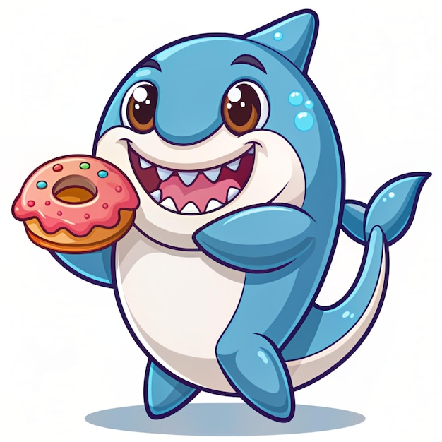 Photo cute shark with doughnut cartoon vector icon illustration animal food icon concept isolated premium vector flat cartoon style