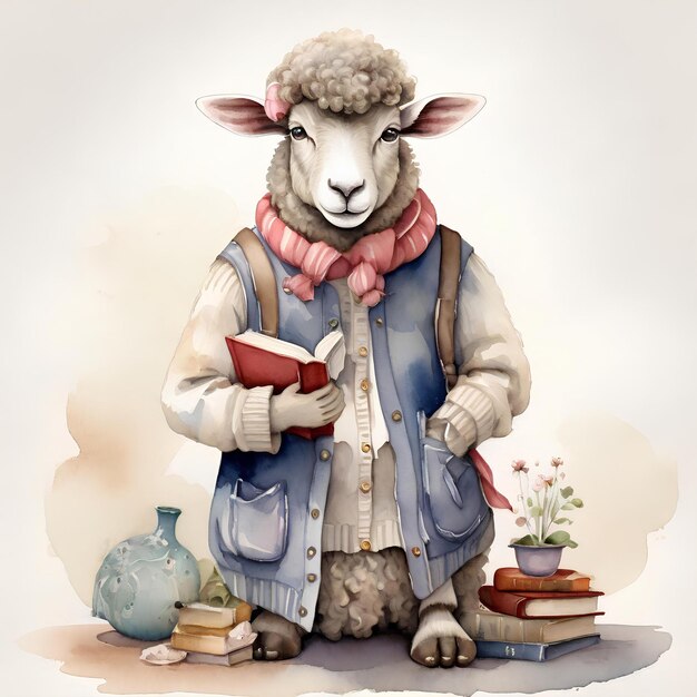 cute sheep reading a book decoration