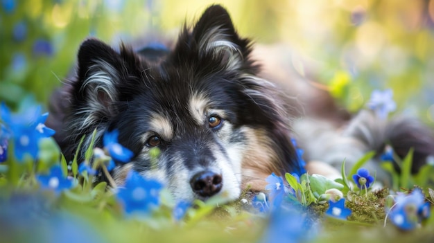 Photo cute shetland sheepdog lying on the grass with blue flowers