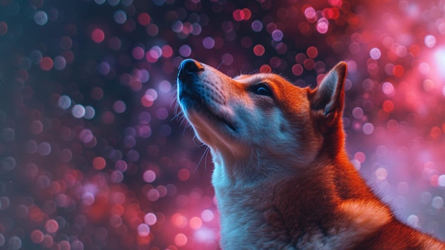 Cute Shiba Inu Breed Dog Puppy in a Beautiful Cosmic Starry Sky Deep Space Background